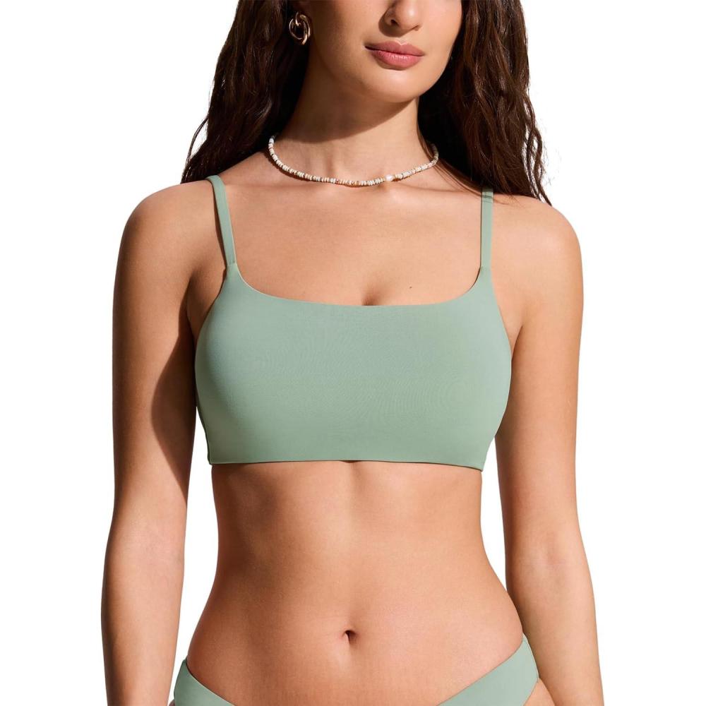 imageCRZ YOGA DDD Scoop Neck Bikini Tops for Women Padded Adjustable Spaghetti Straps Bathing Swimsuit Sports BraGreen Palm Court