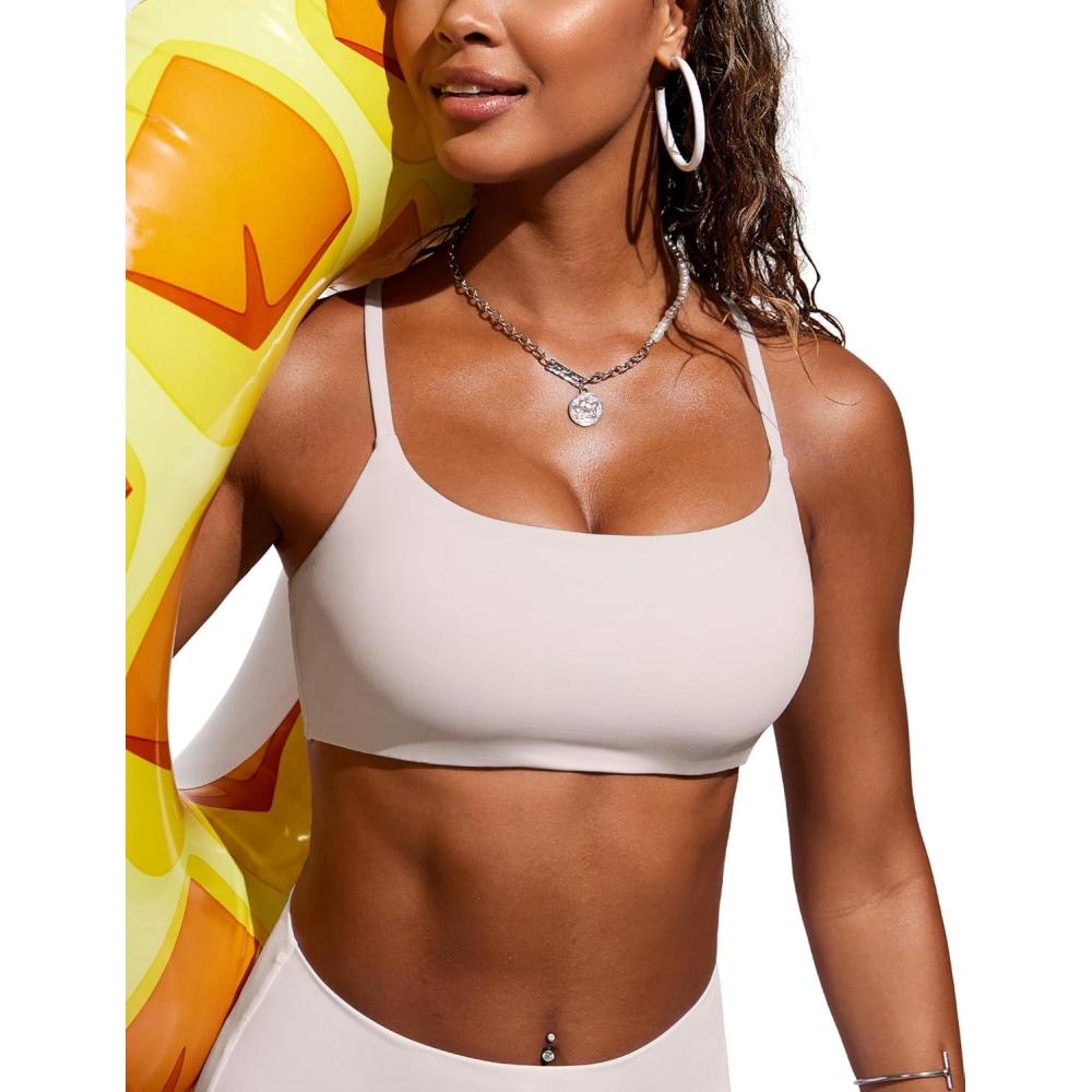 imageCRZ YOGA DDD Scoop Neck Bikini Tops for Women Padded Adjustable Spaghetti Straps Bathing Swimsuit Sports BraMilky White Bone