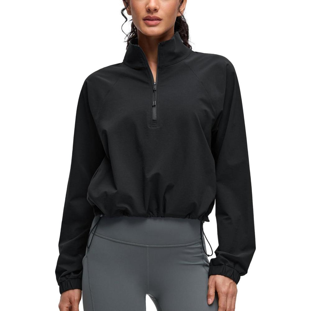 imageCRZ YOGA Drawstring Bottom Workout Jackets for Women Half Zip Pullover Cropped Workout Outdoor Tops with PocketsBlack