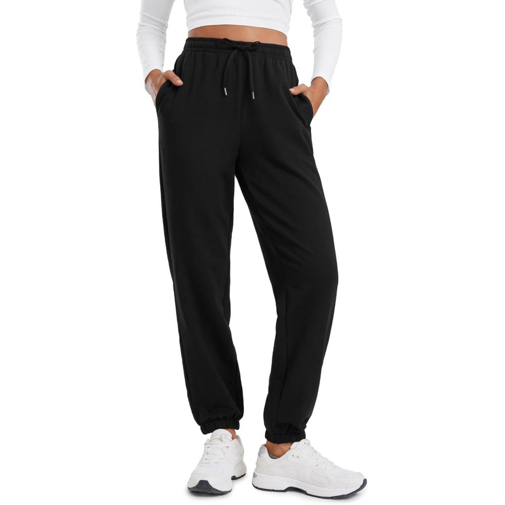 imageCRZ YOGA Fleece Sweatpants Women Cotton Joggers High Waisted Lounge Casual Travel Elastic Bottom Pants with PocketsBlack