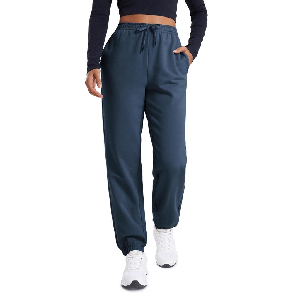 imageCRZ YOGA Fleece Sweatpants Women Cotton Joggers High Waisted Lounge Casual Travel Elastic Bottom Pants with PocketsInk Blue
