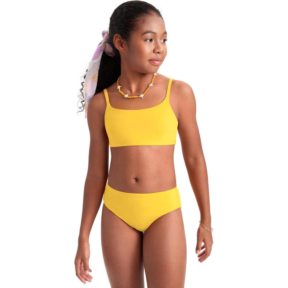 imageCRZ YOGA Girls Bikini Set 2 Piece Swimsuit Beach Sports Bathing Suit Scoop Neck Adjustable Straps Padded Kids TeenHigh Visibility Yellow