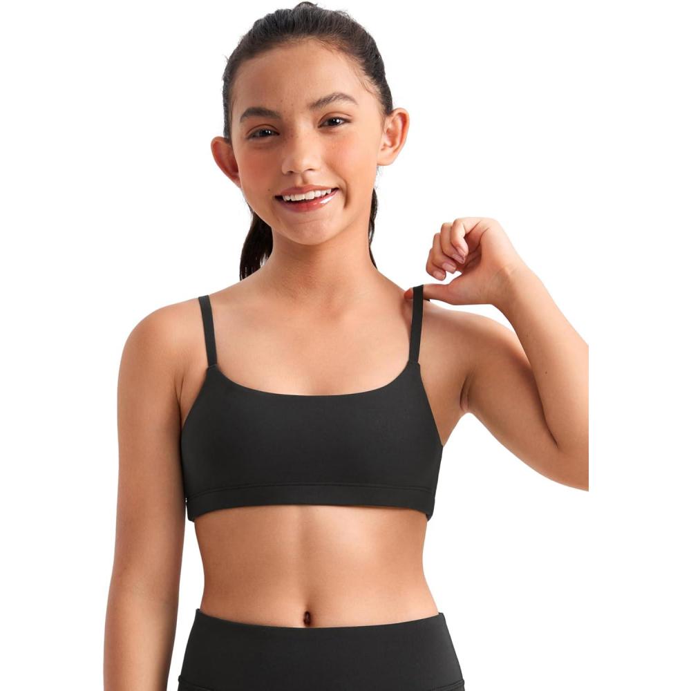 imageCRZ YOGA Girls Butterluxe Adjustable Spaghetti Strap Sports Bra Yoga Athletic Casual Scoop Neck Crop Padded Kids TeenBlack