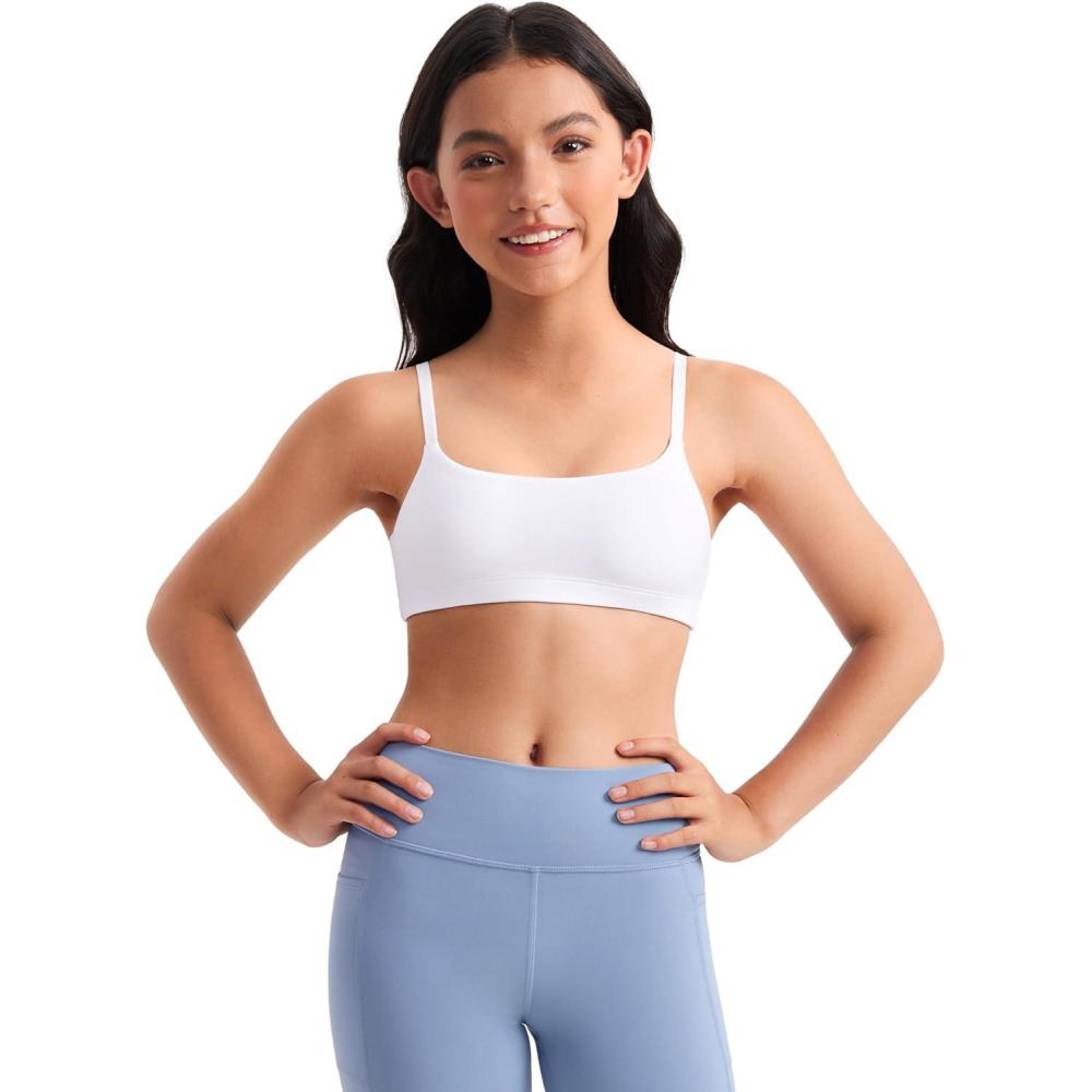 imageCRZ YOGA Girls Butterluxe Adjustable Spaghetti Strap Sports Bra Yoga Athletic Casual Scoop Neck Crop Padded Kids TeenWhite