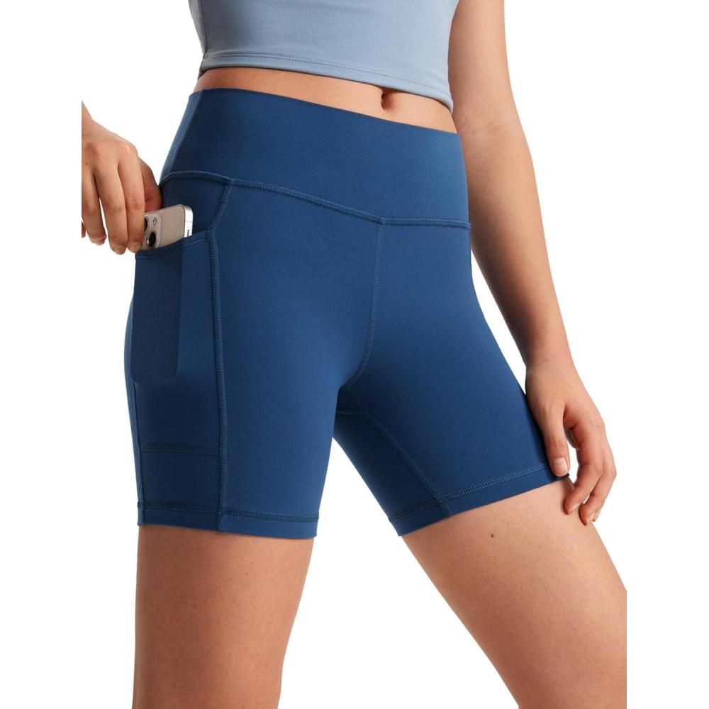 imageCRZ YOGA Girls Butterluxe Athletic Biker Shorts with Pockets Dance Yoga Casual High Waist Kids Teen SummerFrench Navy