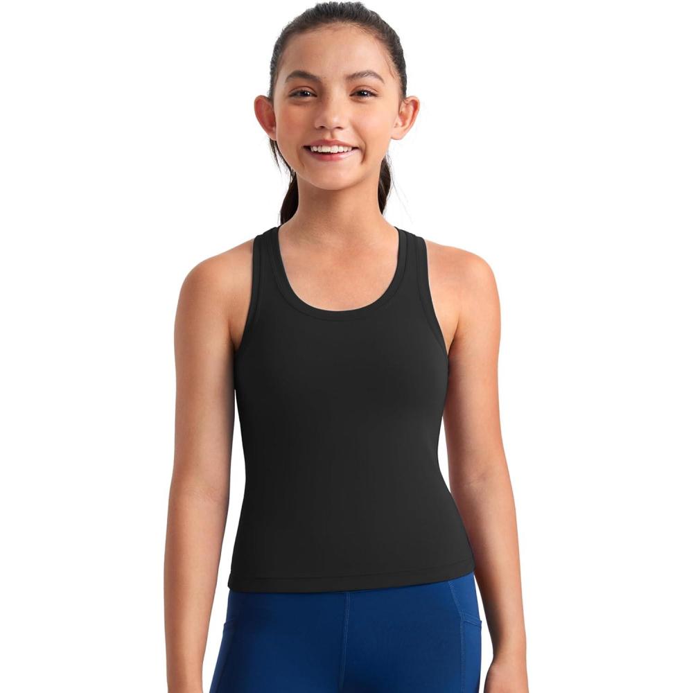 imageCRZ YOGA Girls Butterluxe Crew Neck Tank Tops Waist Length Dance Yoga Athletic Casual Racerback Tight Kids TeenBlack