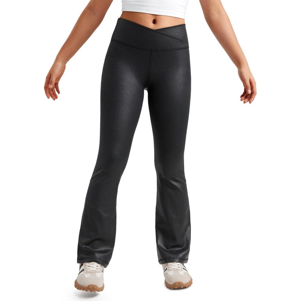 imageCRZ YOGA Girls Butterluxe Crossover Waist Yoga Flare Leggings Dance Casual Athletic Pants Bell Bottoms Kids TeenFaux Leather Black