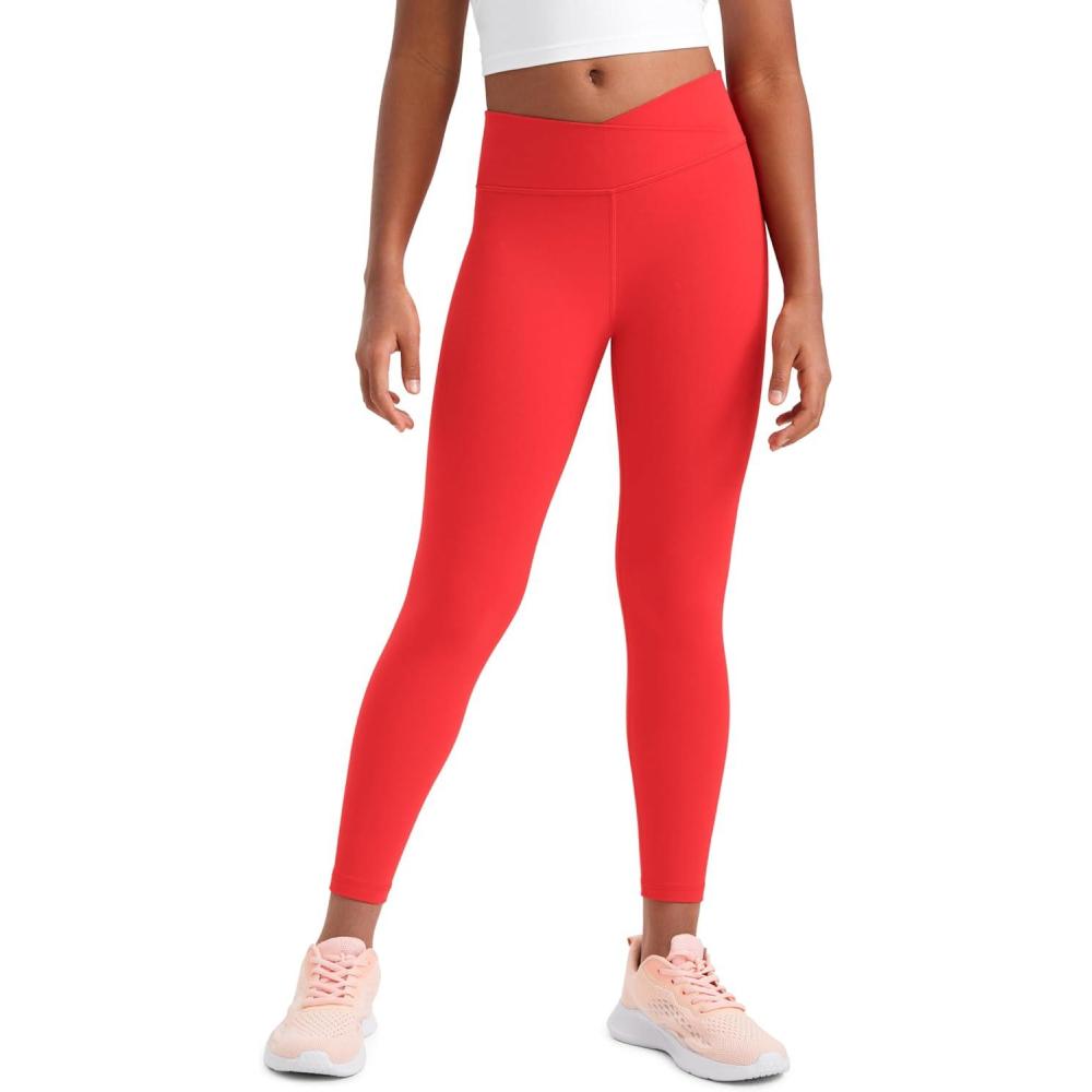 imageCRZ YOGA Girls Butterluxe Crossover Waist Yoga Leggings Athletic Sports Casual Pants V Cross Tights Kids TeenDeep Red
