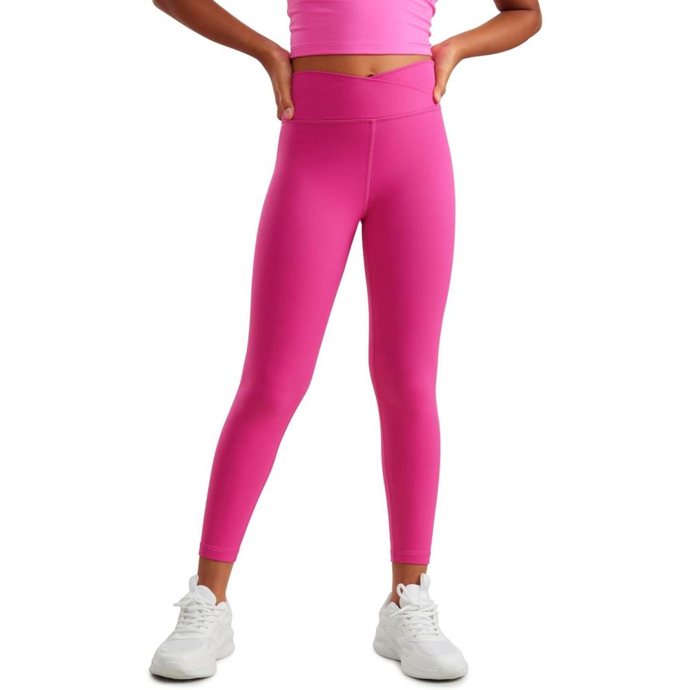 imageCRZ YOGA Girls Butterluxe Crossover Waist Yoga Leggings Athletic Sports Casual Pants V Cross Tights Kids TeenHibiscus Purple