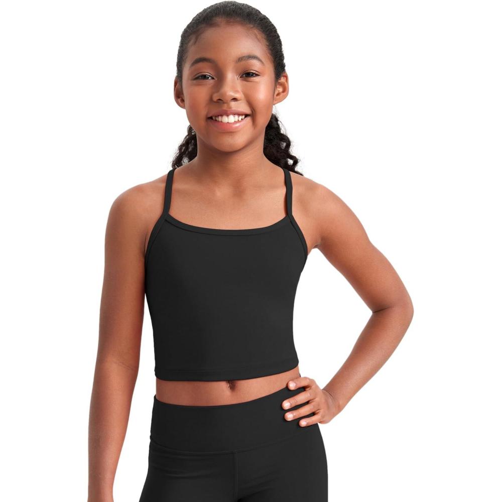 imageCRZ YOGA Girls Butterluxe Double Lined Camisole Tank Tops Crop Dance Yoga Athletic Casual Spaghetti Y Back Kids TeenBlack