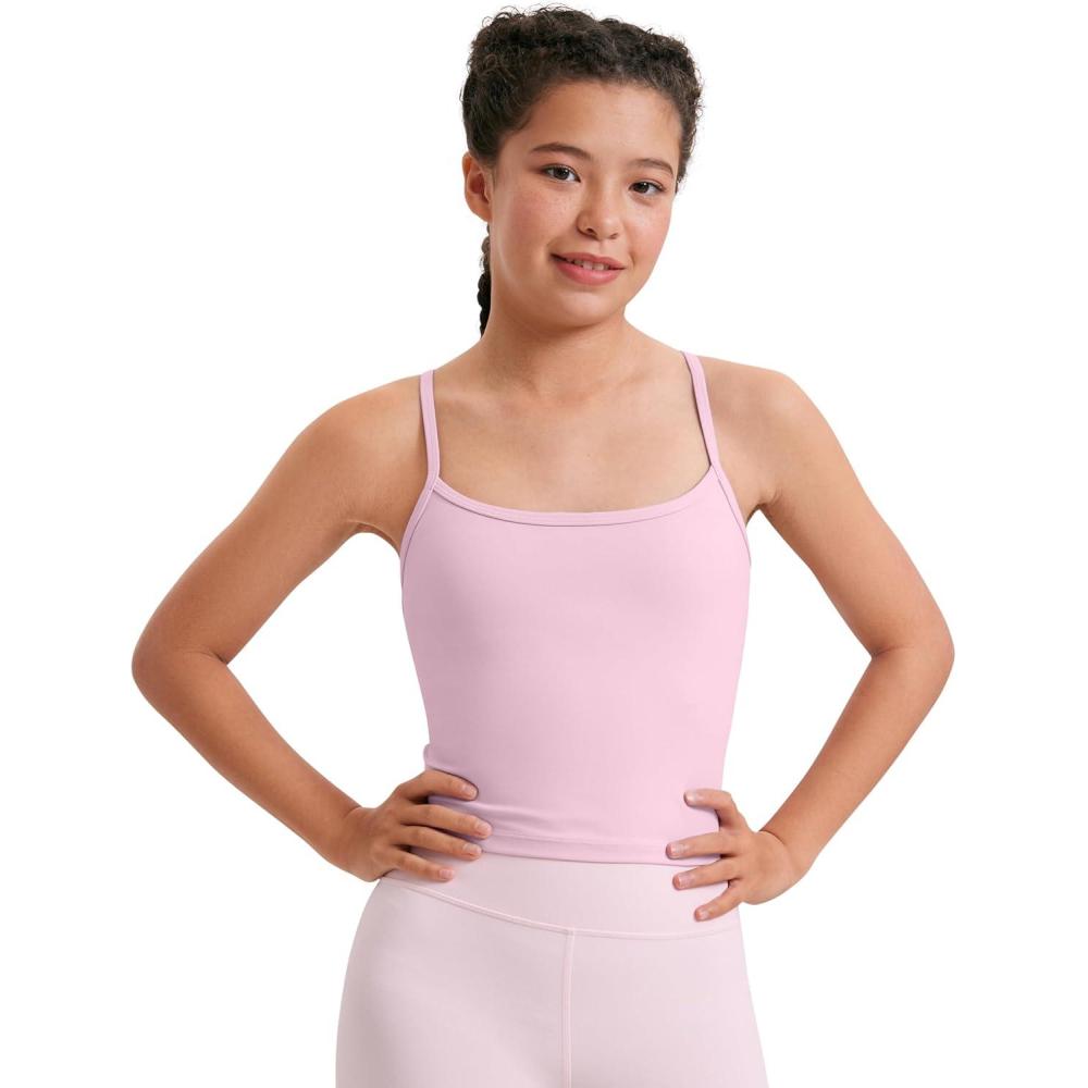 imageCRZ YOGA Girls Butterluxe Double Lined Camisole Tank Tops Crop Dance Yoga Athletic Casual Spaghetti Y Back Kids TeenMilk Pink