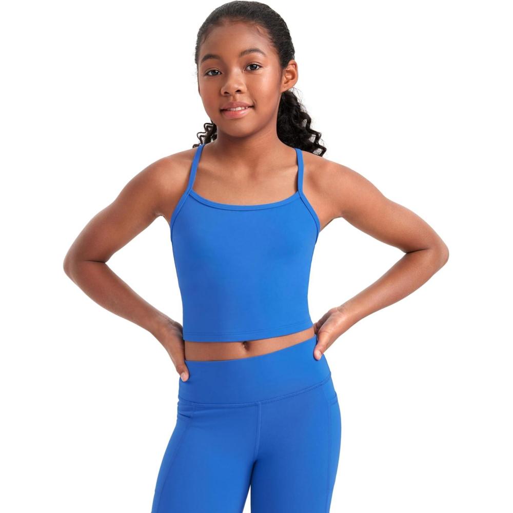 imageCRZ YOGA Girls Butterluxe Double Lined Camisole Tank Tops Crop Dance Yoga Athletic Casual Spaghetti Y Back Kids TeenSparkle Blue