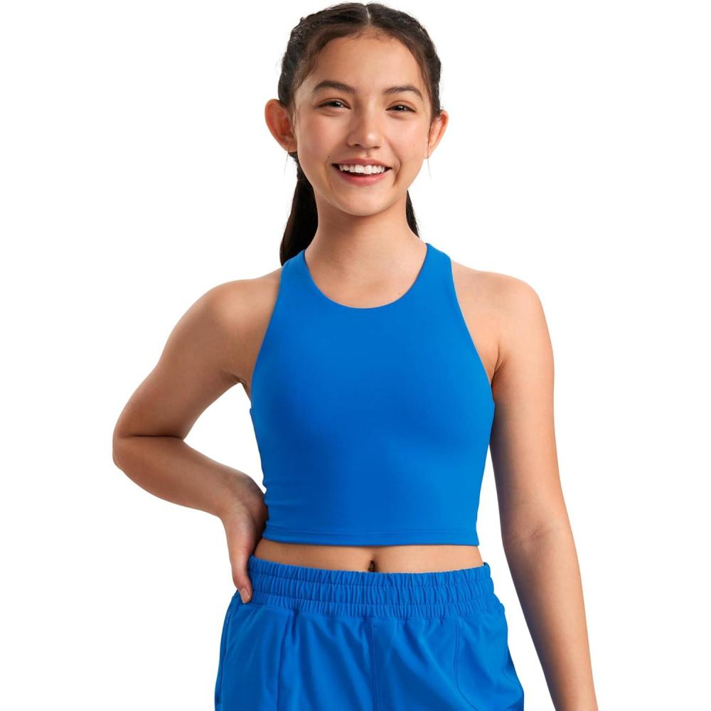 imageCRZ YOGA Girls Butterluxe Double Lined Crop High Neck Tank Tops Dance Yoga Athletic Casual Racerback Tight Kids TeenSparkle Blue