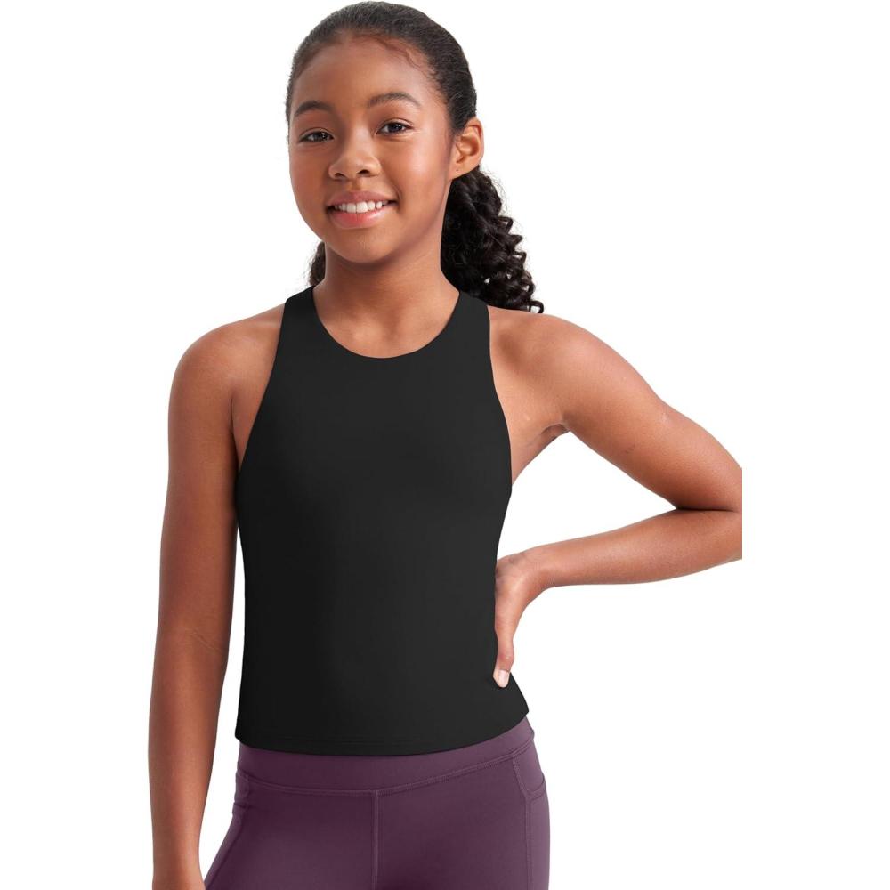 imageCRZ YOGA Girls Butterluxe Double Lined High Neck Tank Tops Waist Length Dance Yoga Athletic Casual Racerback Kids TeenBlack
