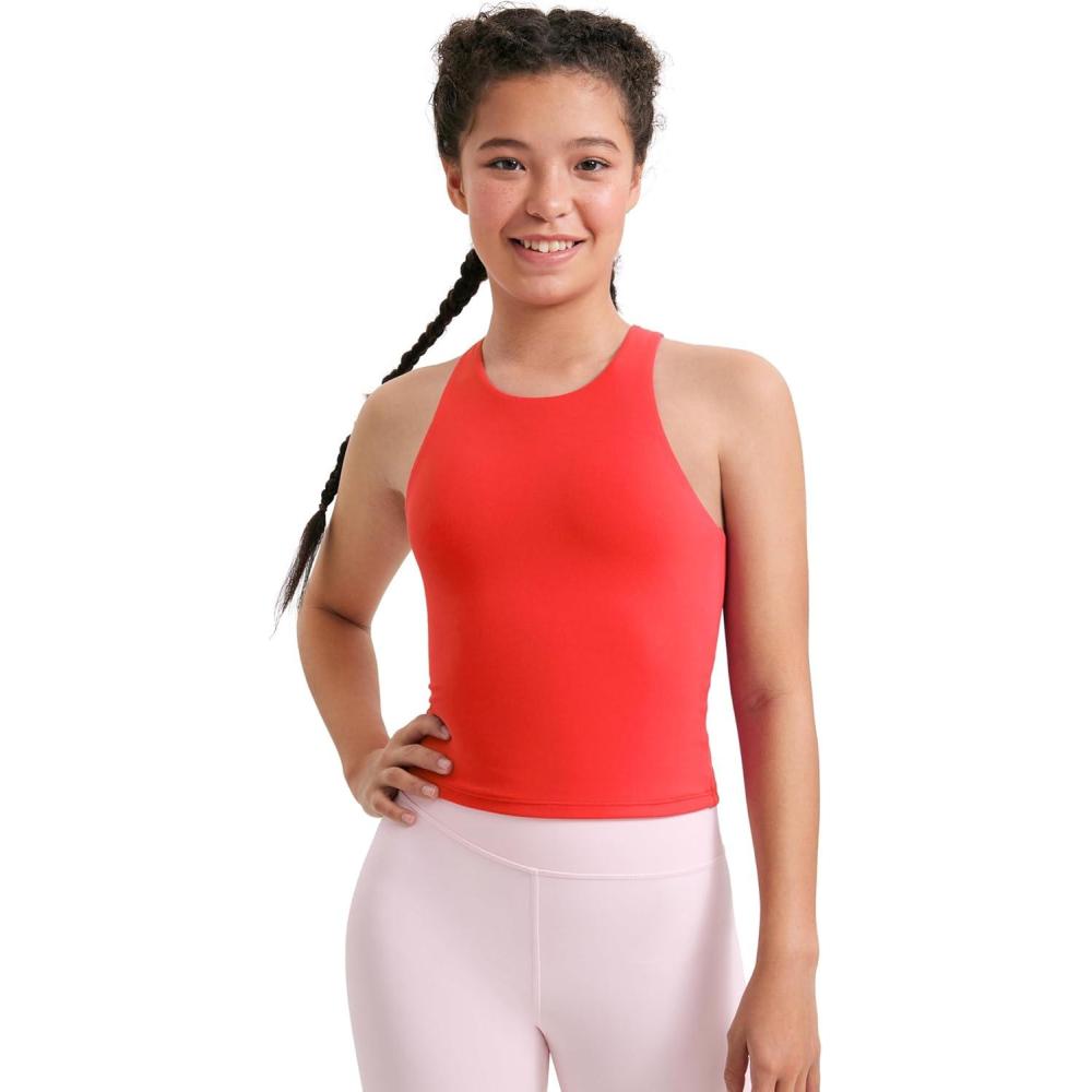 imageCRZ YOGA Girls Butterluxe Double Lined High Neck Tank Tops Waist Length Dance Yoga Athletic Casual Racerback Kids TeenDeep Red