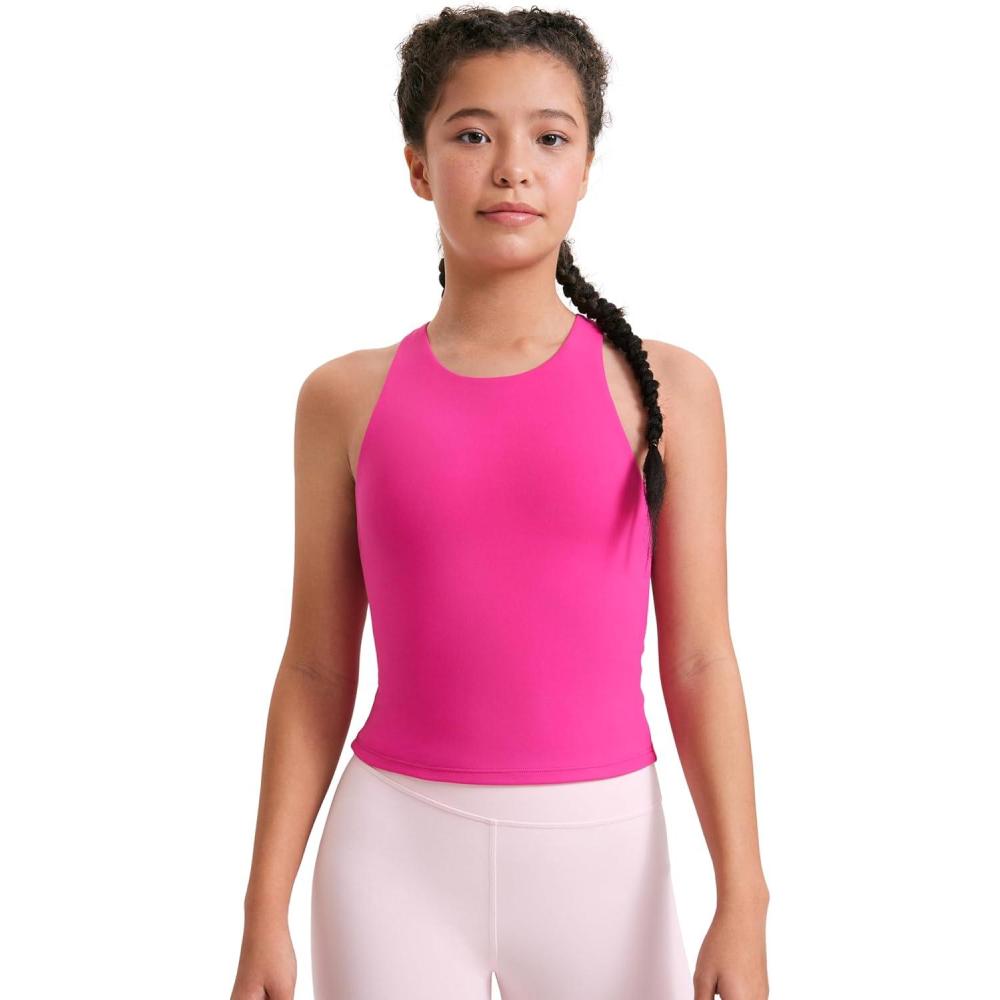 imageCRZ YOGA Girls Butterluxe Double Lined High Neck Tank Tops Waist Length Dance Yoga Athletic Casual Racerback Kids TeenHibiscus Purple