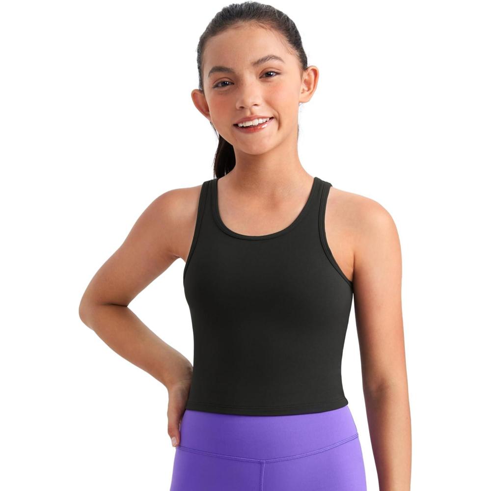 imageCRZ YOGA Girls Butterluxe Double Lined U Back Tank Tops Crop Dance Yoga Athletic Casual Crew Neck Tight Kids TeenBlack