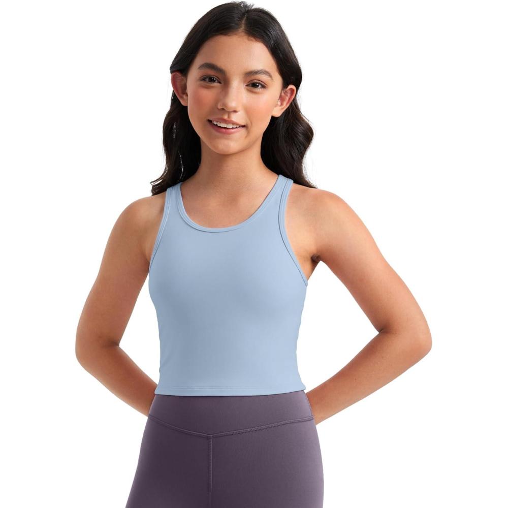 imageCRZ YOGA Girls Butterluxe Double Lined U Back Tank Tops Crop Dance Yoga Athletic Casual Crew Neck Tight Kids TeenCambric Blue
