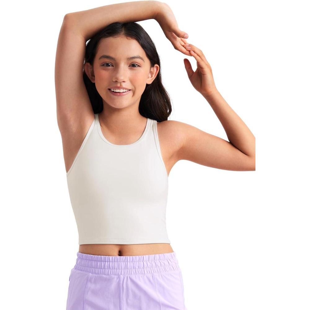 imageCRZ YOGA Girls Butterluxe Double Lined U Back Tank Tops Crop Dance Yoga Athletic Casual Crew Neck Tight Kids TeenMilky White