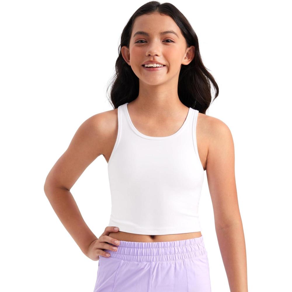 imageCRZ YOGA Girls Butterluxe Double Lined U Back Tank Tops Crop Dance Yoga Athletic Casual Crew Neck Tight Kids TeenWhite