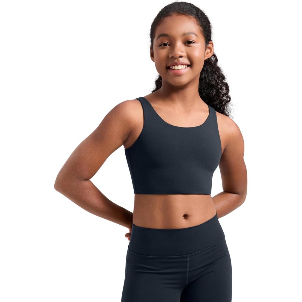 imageCRZ YOGA Girls Butterluxe Longline Sports Bra Yoga Athletic Casual Tops Scoop Neck U Back Padded Kids TeenTrue Navy