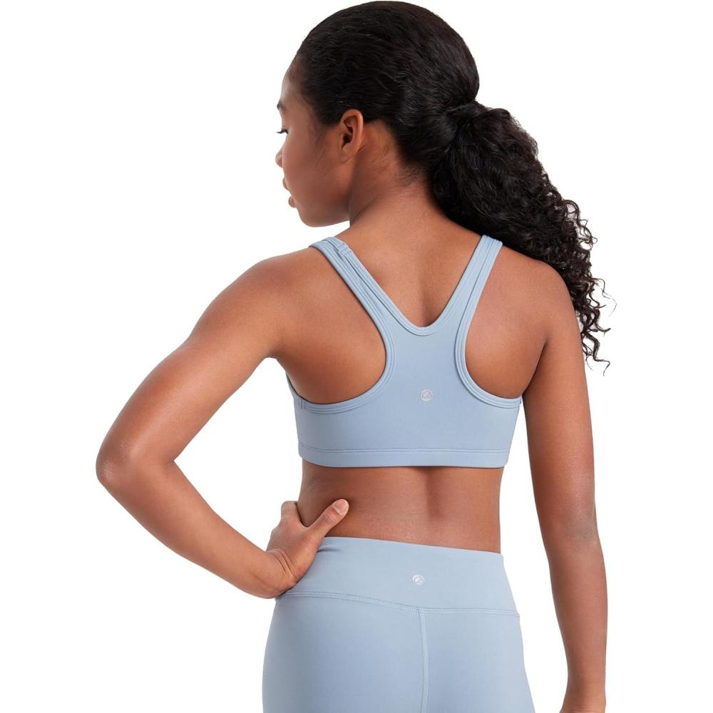 imageCRZ YOGA Girls Butterluxe Racerback Sports Bra Yoga Athletic Casual Tops Scoop Neck Padded Crop Kids TeenCambric Blue