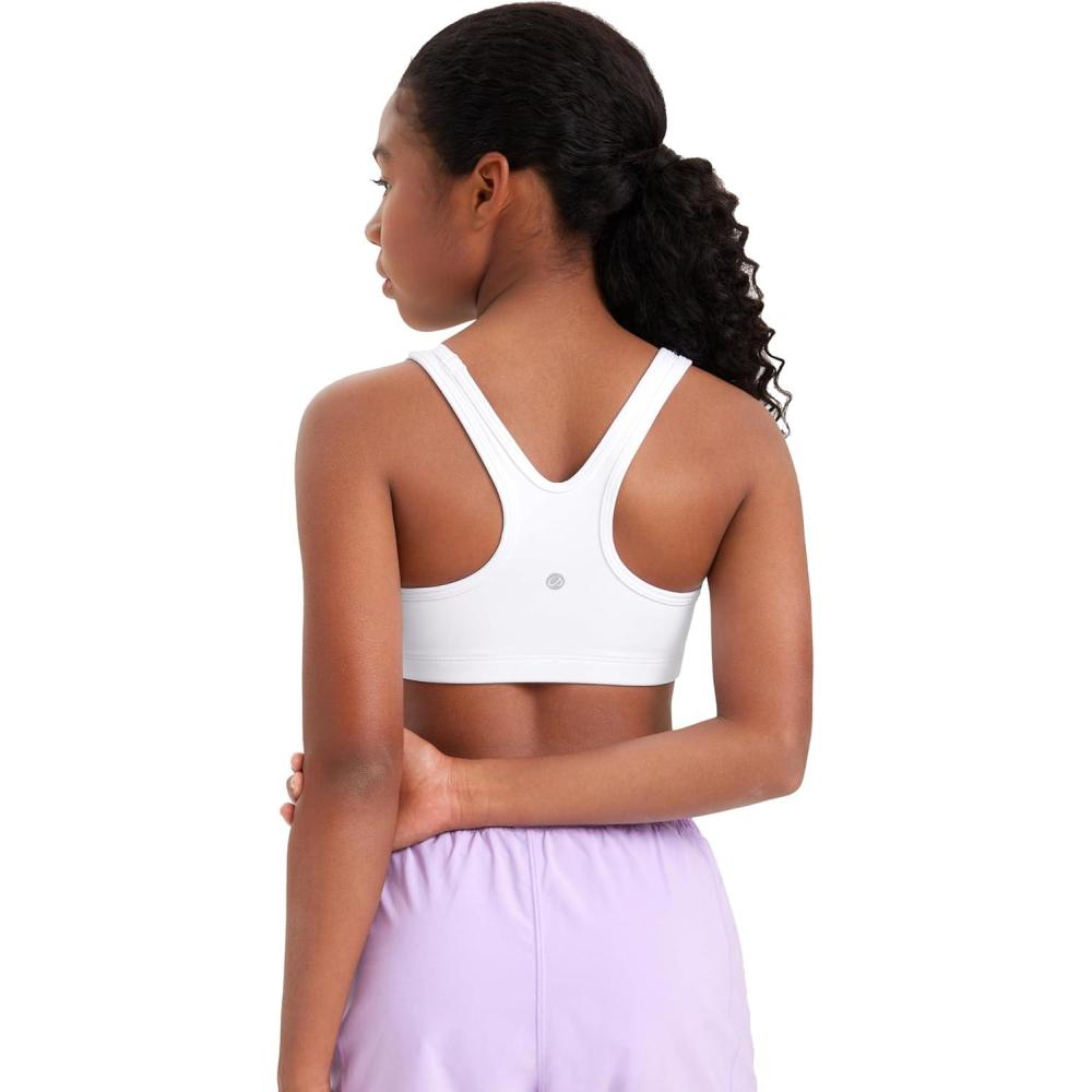 imageCRZ YOGA Girls Butterluxe Racerback Sports Bra Yoga Athletic Casual Tops Scoop Neck Padded Crop Kids TeenWhite