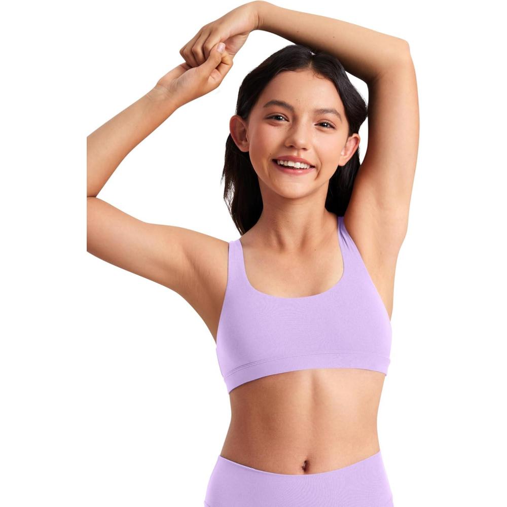 imageCRZ YOGA Girls Butterluxe U Back Sports Bra Yoga Athletic Casual Tops Scoop Neck Padded Crop Kids TeenElfin Purple