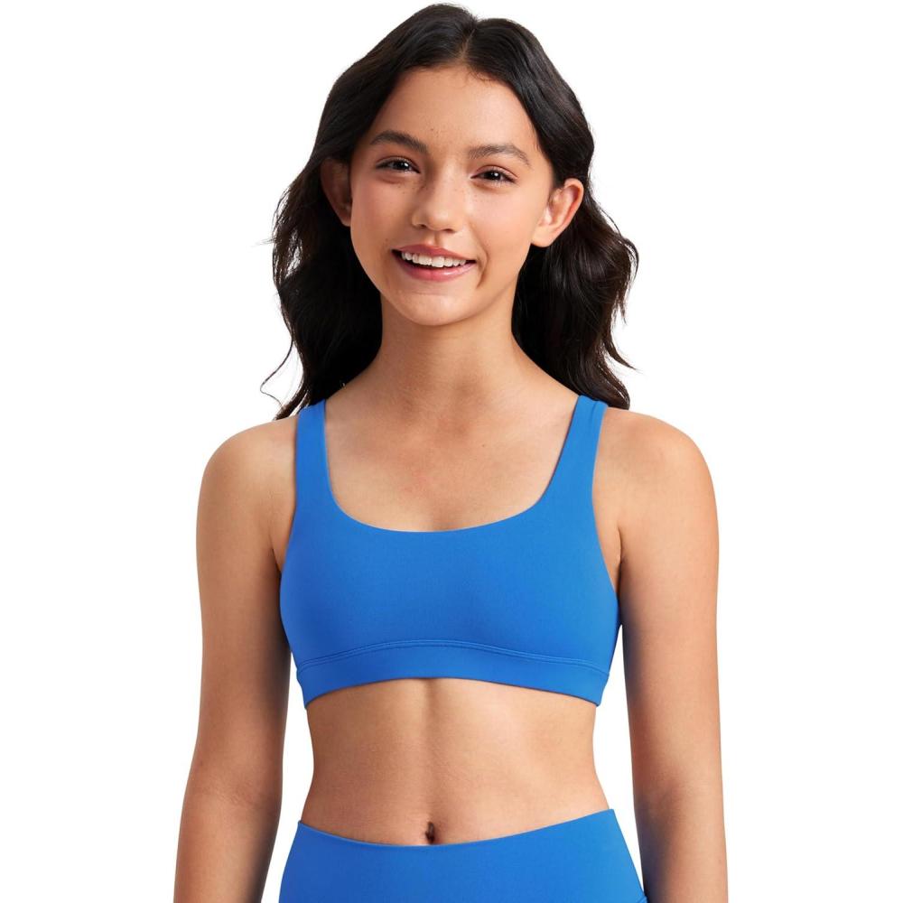 imageCRZ YOGA Girls Butterluxe U Back Sports Bra Yoga Athletic Casual Tops Scoop Neck Padded Crop Kids TeenSparkle Blue