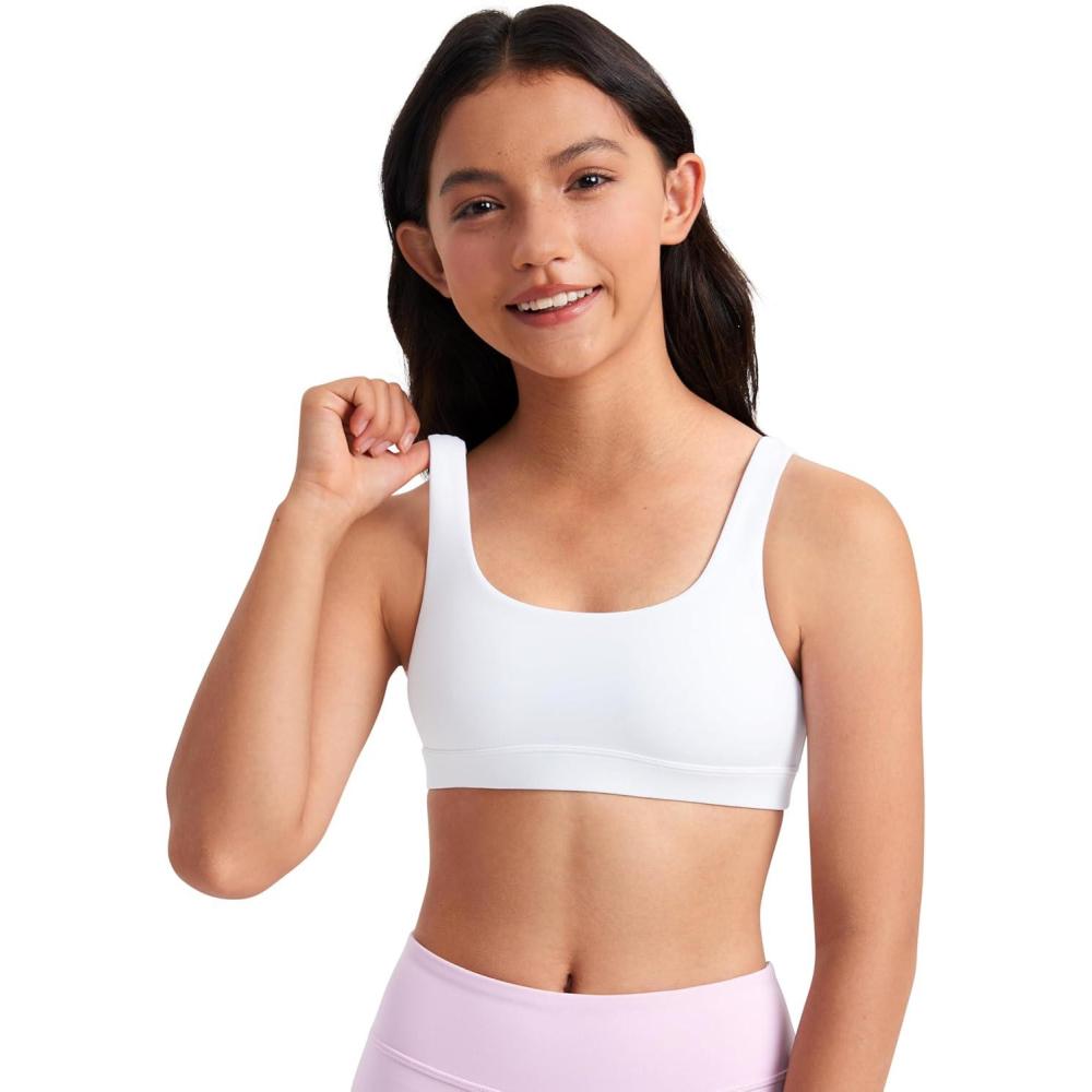 imageCRZ YOGA Girls Butterluxe U Back Sports Bra Yoga Athletic Casual Tops Scoop Neck Padded Crop Kids TeenWhite
