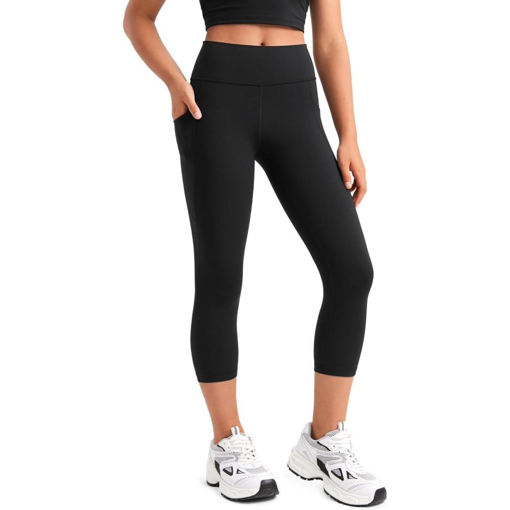 imageCRZ YOGA Girls Butterluxe Yoga Capri Leggings with Pockets Athletic Sports Casual Pants High Waist Tights Kids TeenBlack