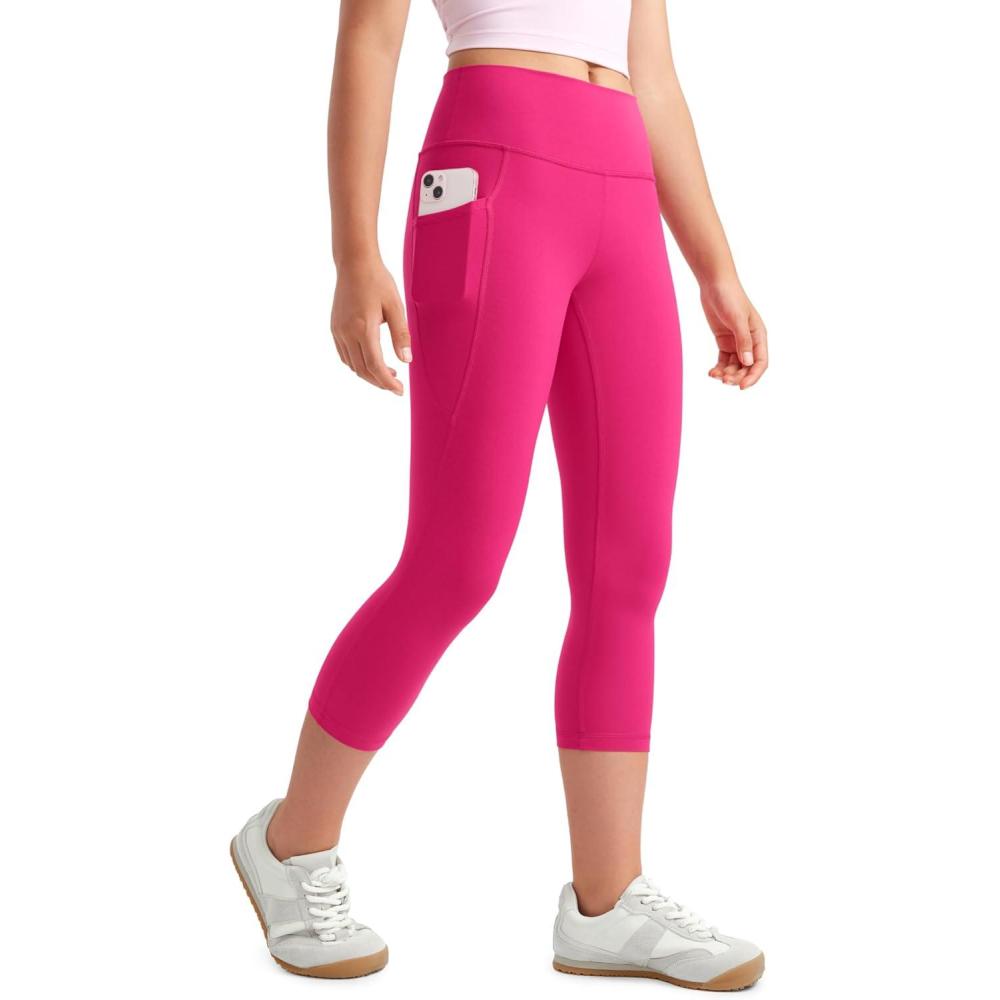 imageCRZ YOGA Girls Butterluxe Yoga Capri Leggings with Pockets Athletic Sports Casual Pants High Waist Tights Kids TeenGranita Pink