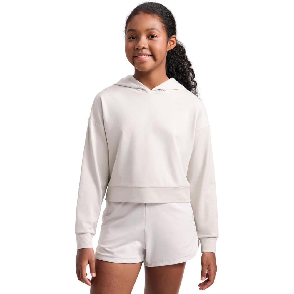 imageCRZ YOGA Girls Cloud Jersey Long Sleeve Casual Hoodie Lounge Pullover Sweatshirts Hooded Relaxed Waist Length Kids TeenMilky White