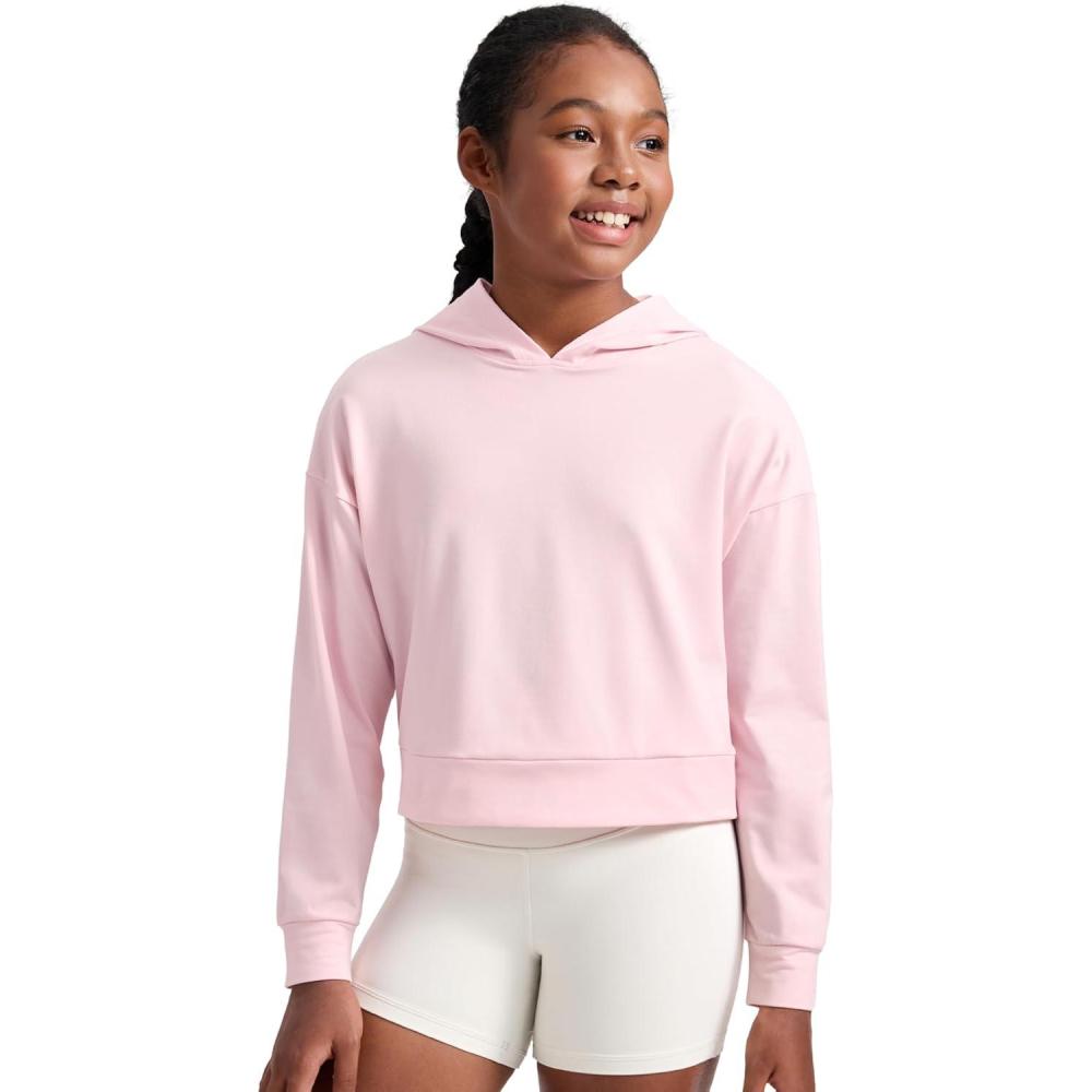 imageCRZ YOGA Girls Cloud Jersey Long Sleeve Casual Hoodie Lounge Pullover Sweatshirts Hooded Relaxed Waist Length Kids TeenStrawberry Pink