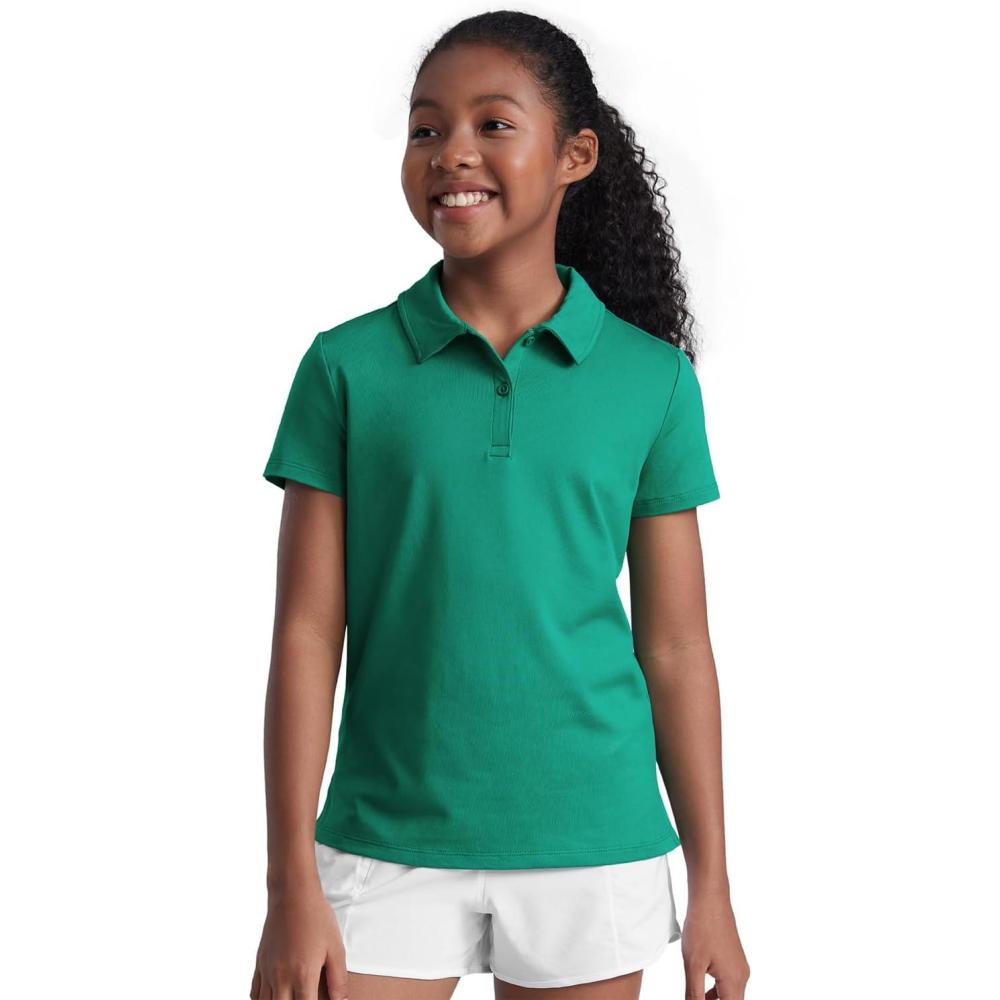 imageCRZ YOGA Girls Cloud Jersey Short Sleeve Casual Polo Shirts School Uniform Tennis Golf Hip Length Side Splits Kids TeenCascadia Green