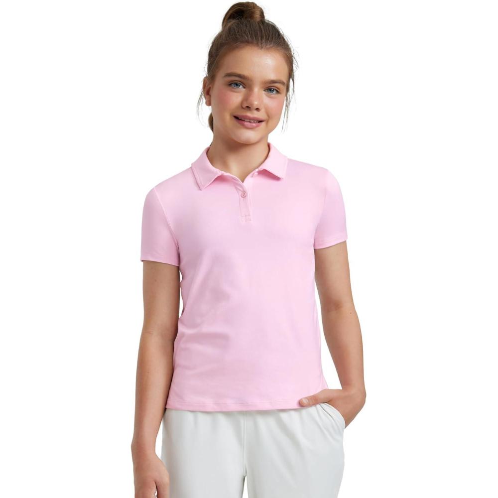 imageCRZ YOGA Girls Cloud Jersey Short Sleeve Casual Polo Shirts School Uniform Tennis Golf Hip Length Side Splits Kids TeenStrawberry Pink
