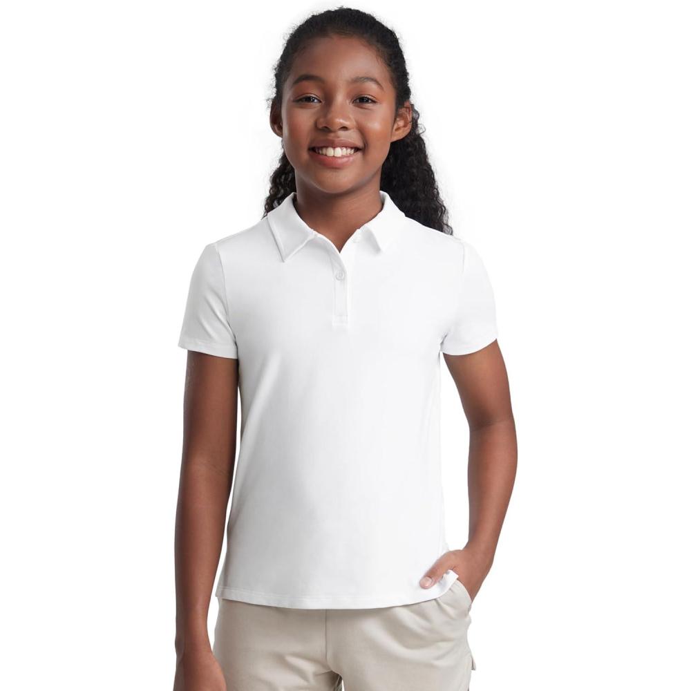 imageCRZ YOGA Girls Cloud Jersey Short Sleeve Casual Polo Shirts School Uniform Tennis Golf Hip Length Side Splits Kids TeenWhite
