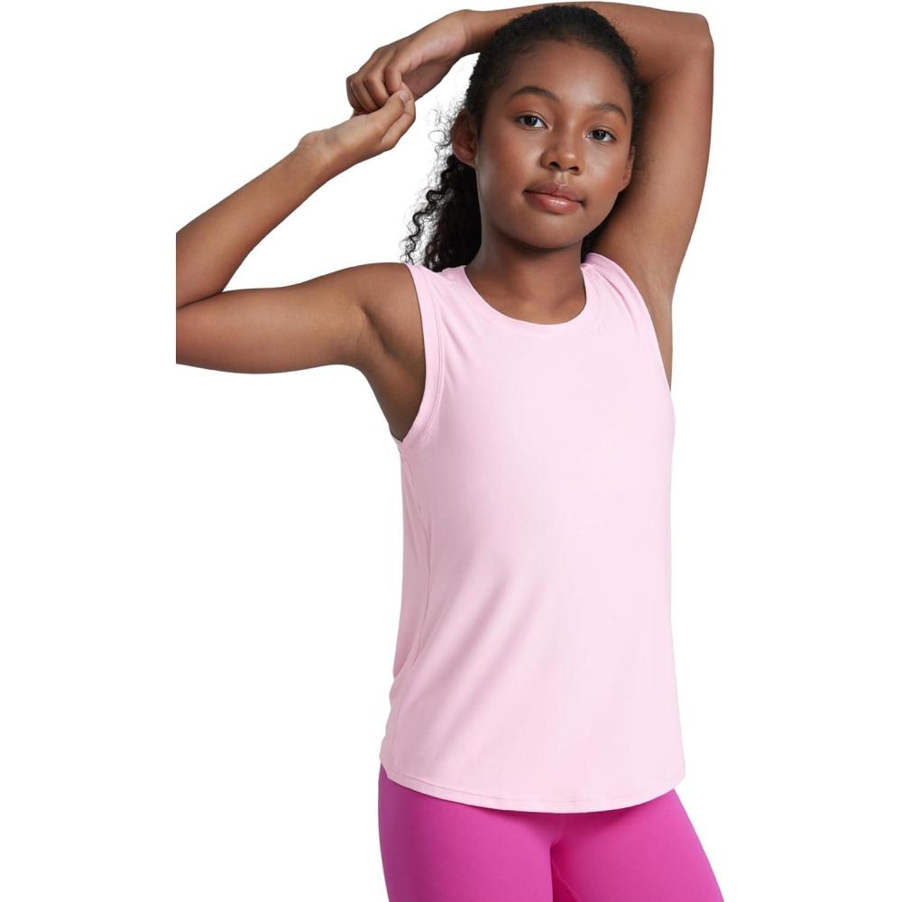 imageCRZ YOGA Girls Cloudweight Athletic Tank Tops Hip Length Active Dance Casual Crew Neck Sleeveless Kids TeenPink Peony