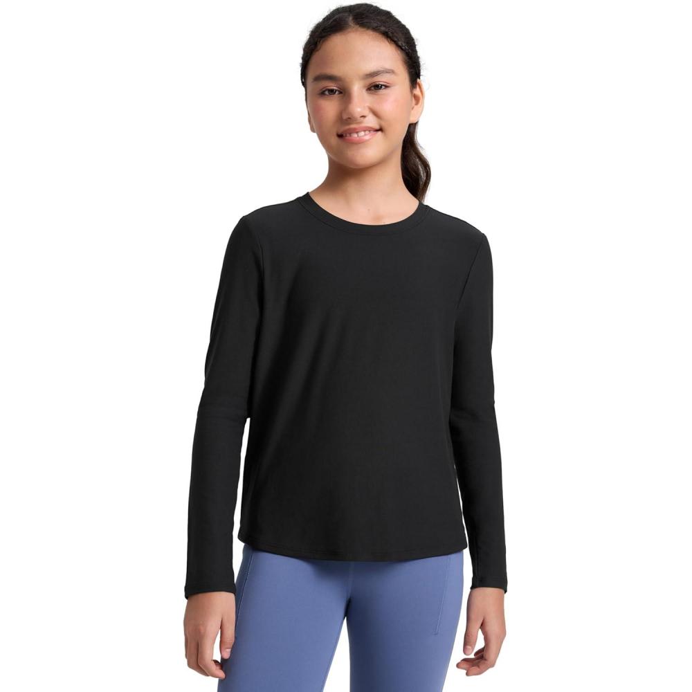 imageCRZ YOGA Girls Cloudweight Long Sleeve Athletic Shirts Active Sports Casual Tees Crew Neck Side Slit Winter Kids TeenBlack