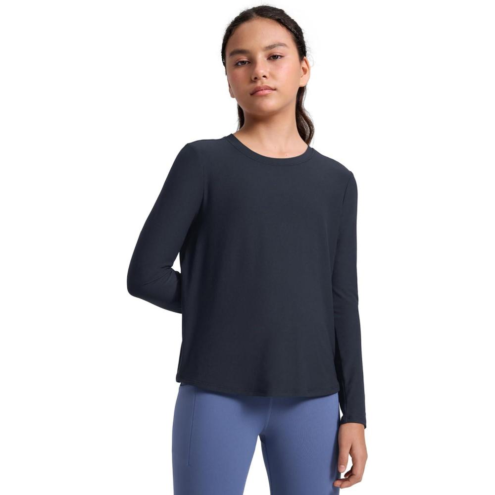 imageCRZ YOGA Girls Cloudweight Long Sleeve Athletic Shirts Active Sports Casual Tees Crew Neck Side Slit Winter Kids TeenTrue Navy