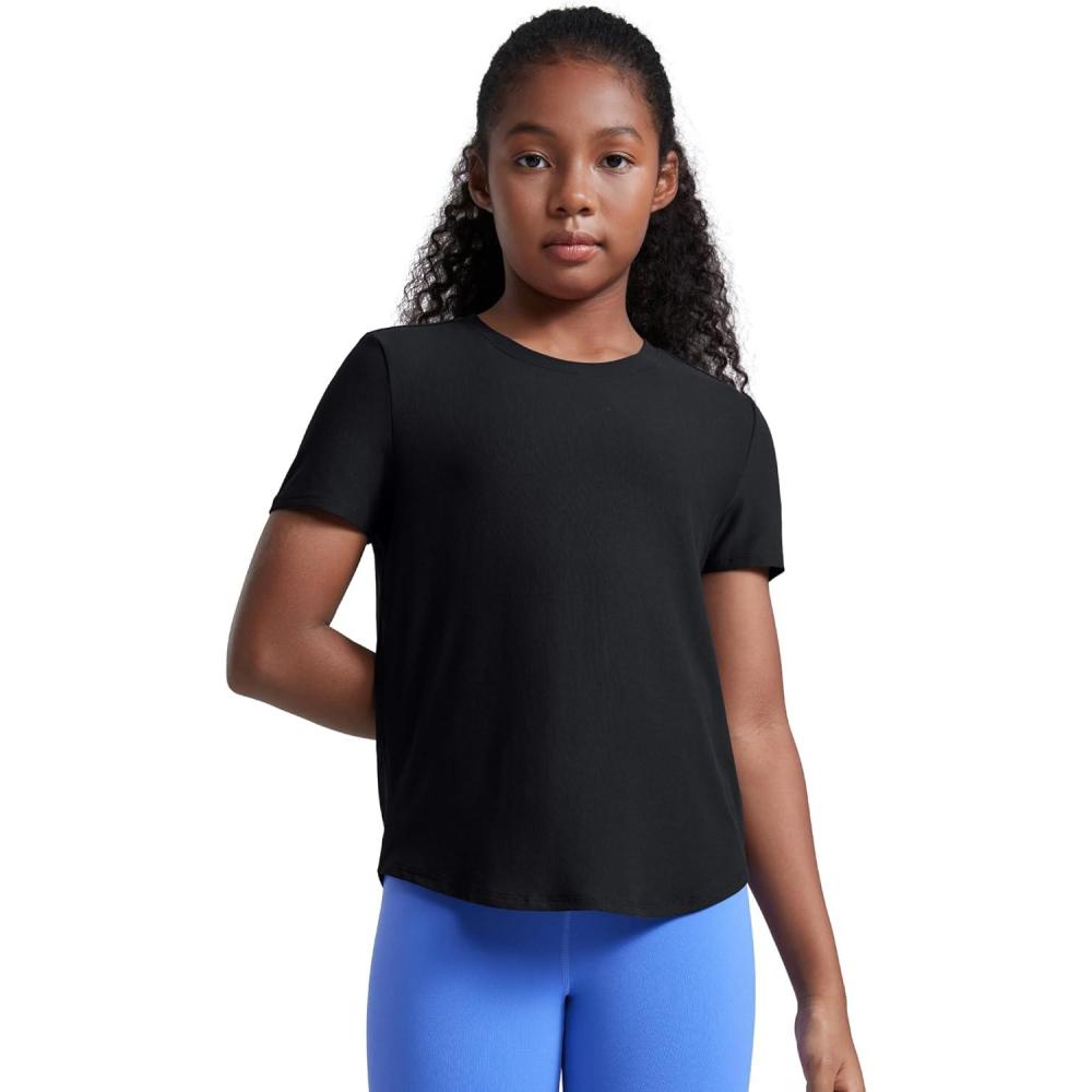 imageCRZ YOGA Girls Cloudweight Short Sleeve Athletic T Shirts Active Sports Casual Tees Crew Neck Side Slit Kids TeenBlack