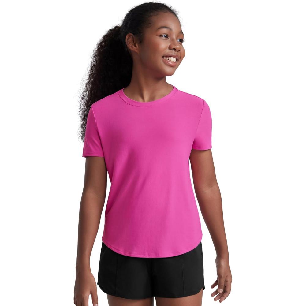imageCRZ YOGA Girls Cloudweight Short Sleeve Athletic T Shirts Active Sports Casual Tees Crew Neck Side Slit Kids TeenLight Purple