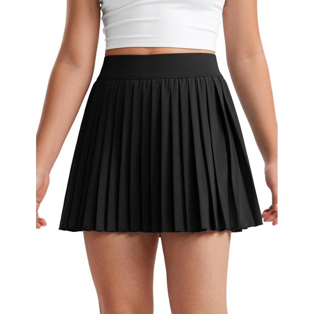 imageCRZ YOGA Girls FeatheryFit Soft Athletic Pleated Skirts Tennis School Casual Skorts with Pockets Liner Kids TeenBlack