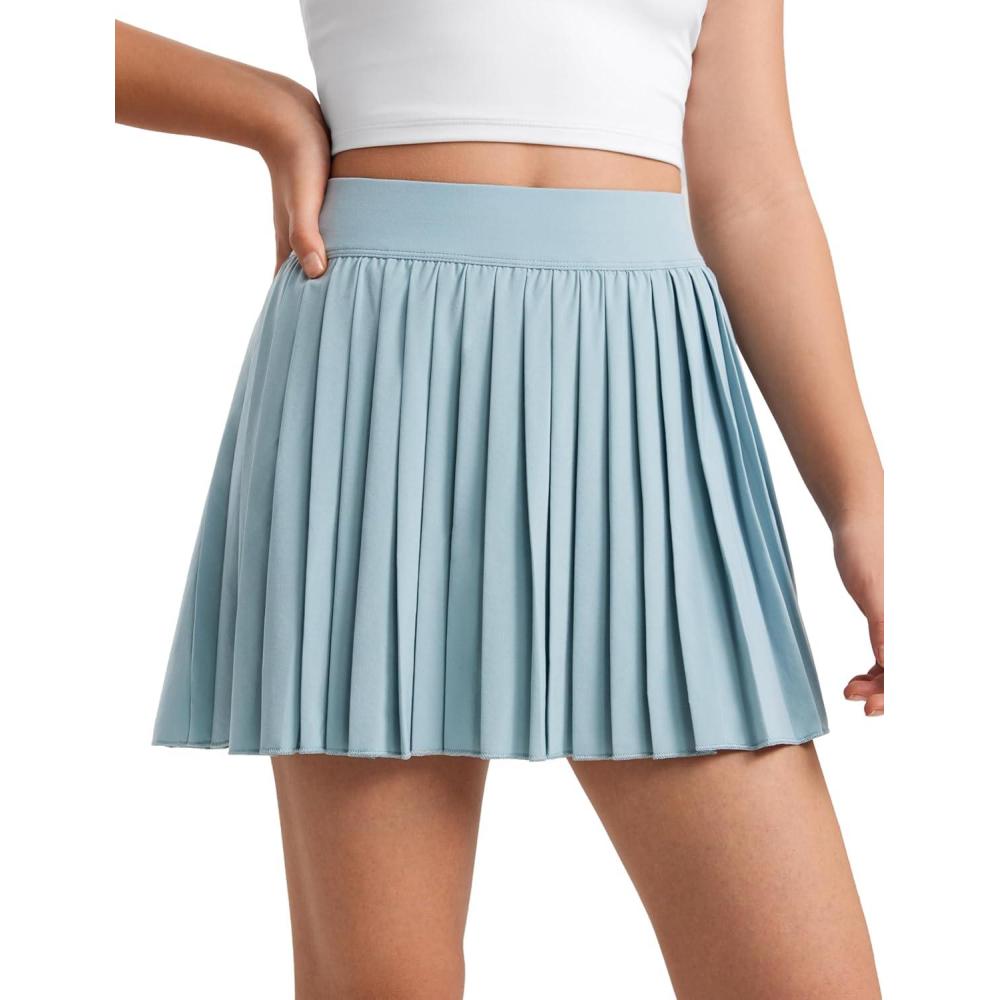 imageCRZ YOGA Girls FeatheryFit Soft Athletic Pleated Skirts Tennis School Casual Skorts with Pockets Liner Kids TeenLight Grayish Blue
