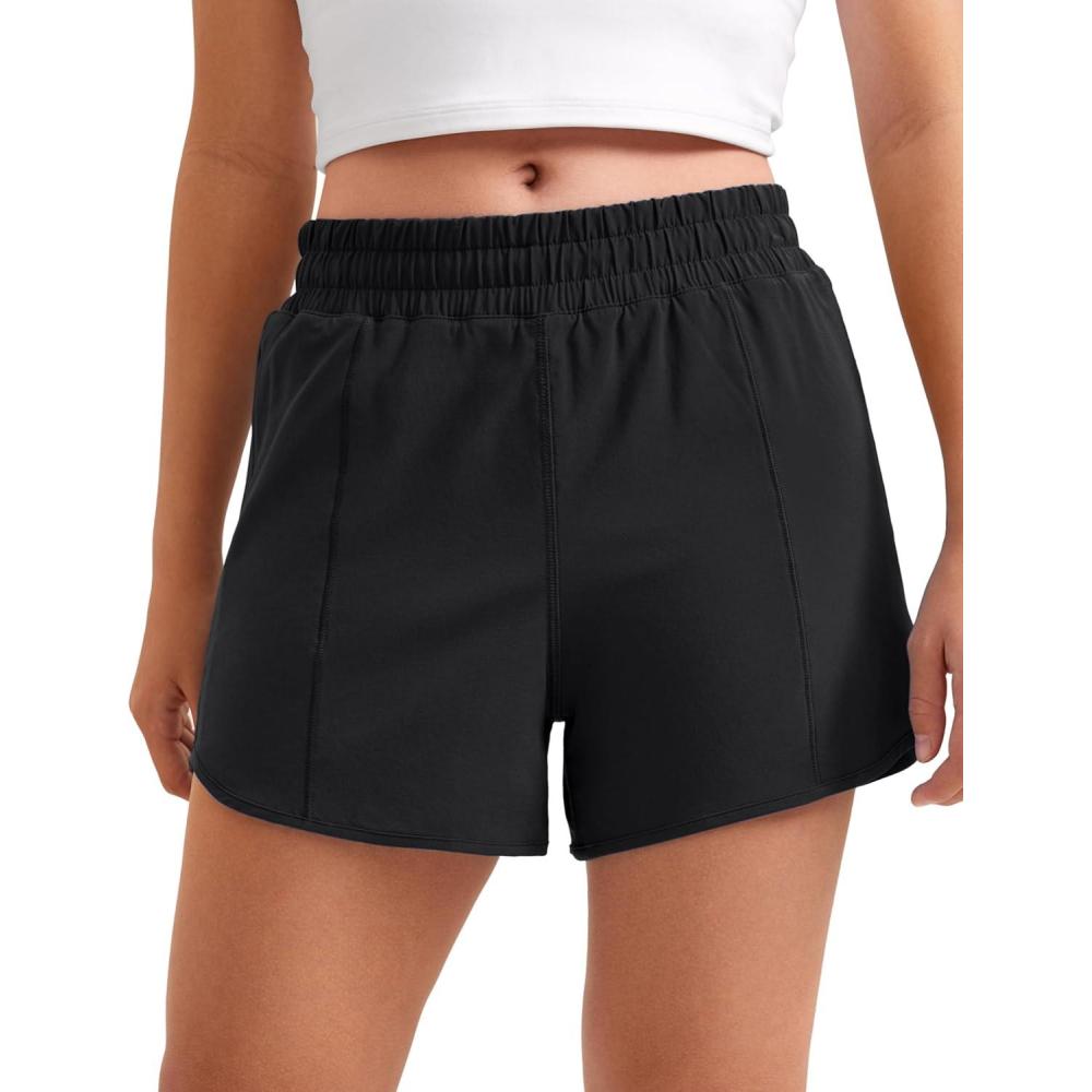 imageCRZ YOGA Girls FeatheryFit Soft Athletic Shorts with Zipper Pocket Tennis Soccer Running Casual Liner Kids TeenBlack