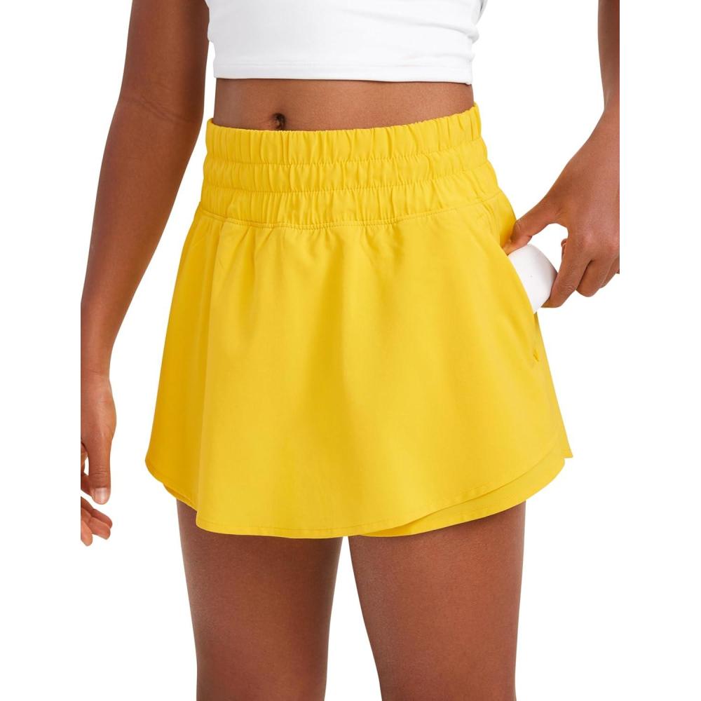 imageCRZ YOGA Girls FeatheryFit Soft Flowy Athletic Shorts Tennis Soccer Casual Ruffle Skirt Zip Pocket Liner Kids TeenHigh Visibility Yellow