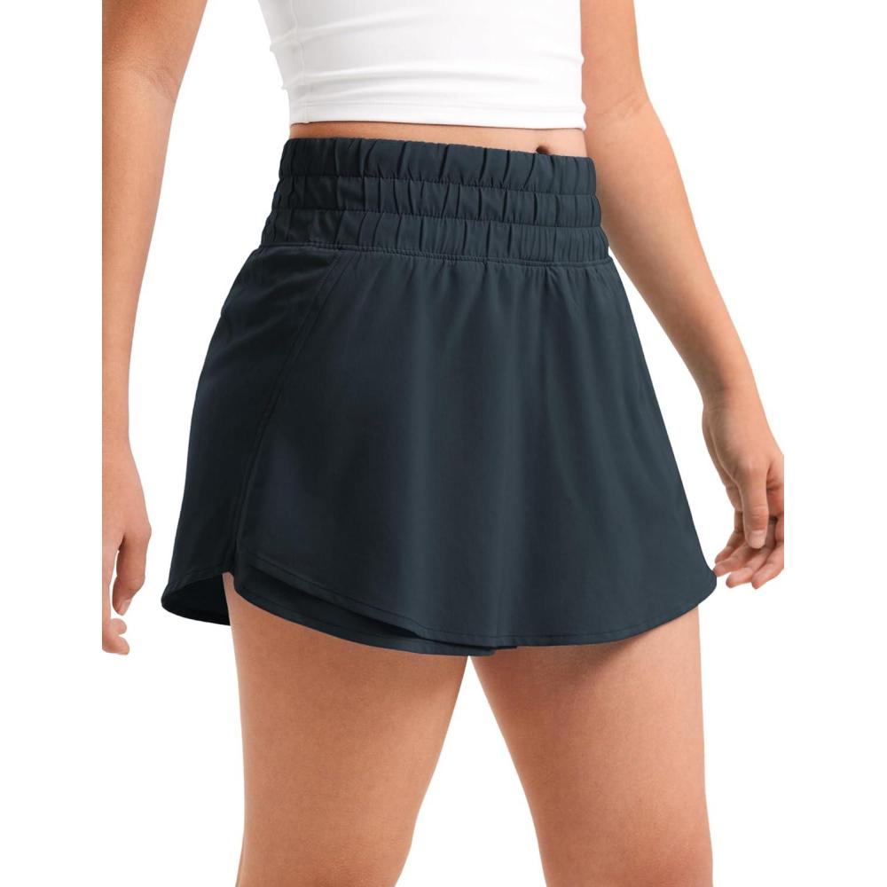 imageCRZ YOGA Girls FeatheryFit Soft Flowy Athletic Shorts Tennis Soccer Casual Ruffle Skirt Zip Pocket Liner Kids TeenTrue Navy