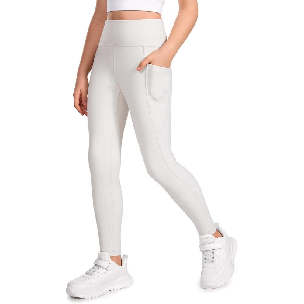 imageCRZ YOGA Girls Fleece Lined Full Length Athletic Leggings Water Resistant Casual Yoga Thermal Pants with Pockets WinterMilky White Bone