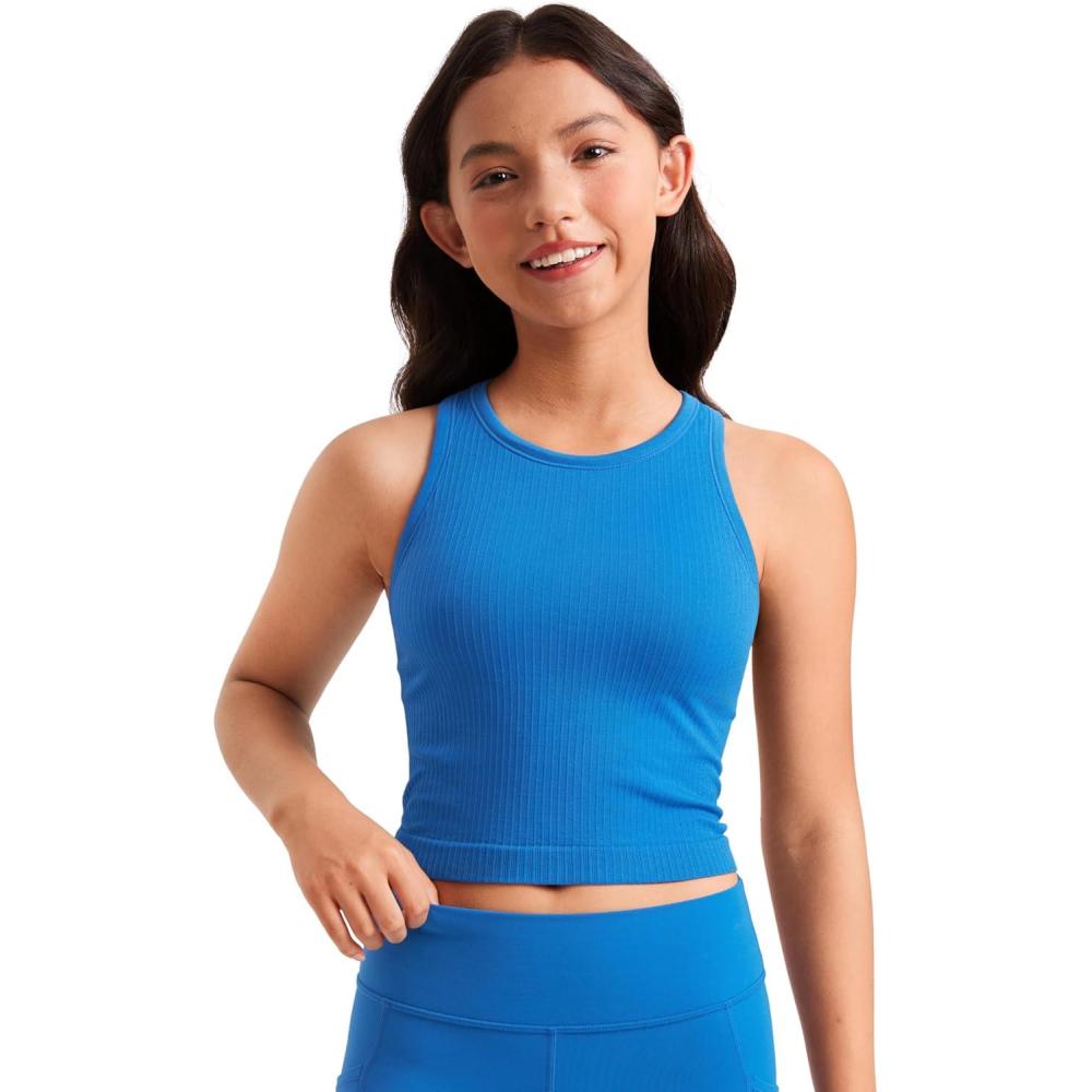 imageCRZ YOGA Girls Seamless Ribbed Longline Sports Bra Yoga Athletic Casual Tops High Neck Racerback Padded Kids TeenSparkle Blue
