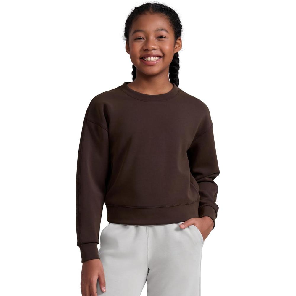 imageCRZ YOGA Girls SoftAura Long Sleeve Crew Neck Casual Hoodie Lounge Pullover Sweatshirts Relaxed Waist Length Kids TeenHot Fudge Brown